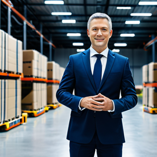 Home 28 A professional male logistics manager, in a modest business suit, standing confidently in a futuristic, high-tech automated warehouse. Autonomous mobile robots (AMRs) and automated guided vehicles (AGVs) are visible in the background, precisely sorting packages under soft, modern lighting, emphasizing efficiency and data-driven operations. fully clothed, appropriate attire, safe for work, perfect anatomy, natural proportions, professional photography, high quality, modest, family-friendly, well-formed hands, proper finger count, natural pose.