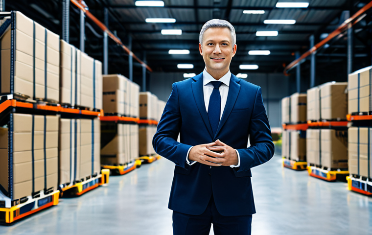 A professional male logistics manager, in a modest business suit, standing confidently in a futuristic, high-tech automated warehouse. Autonomous mobile robots (AMRs) and automated guided vehicles (AGVs) are visible in the background, precisely sorting packages under soft, modern lighting, emphasizing efficiency and data-driven operations. fully clothed, appropriate attire, safe for work, perfect anatomy, natural proportions, professional photography, high quality, modest, family-friendly, well-formed hands, proper finger count, natural pose.