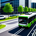 Smart City Mobility**

"A futuristic cityscape showcasing integrated transportation: autonomous electric buses, elevated bike lanes, and real-time traffic management systems. Lush green spaces and pedestrian-friendly zones. Safe for work, appropriate content, fully clothed pedestrians, professional urban planning, perfect anatomy, correct proportions, sustainable design, daylight, bright colors, high resolution."

**