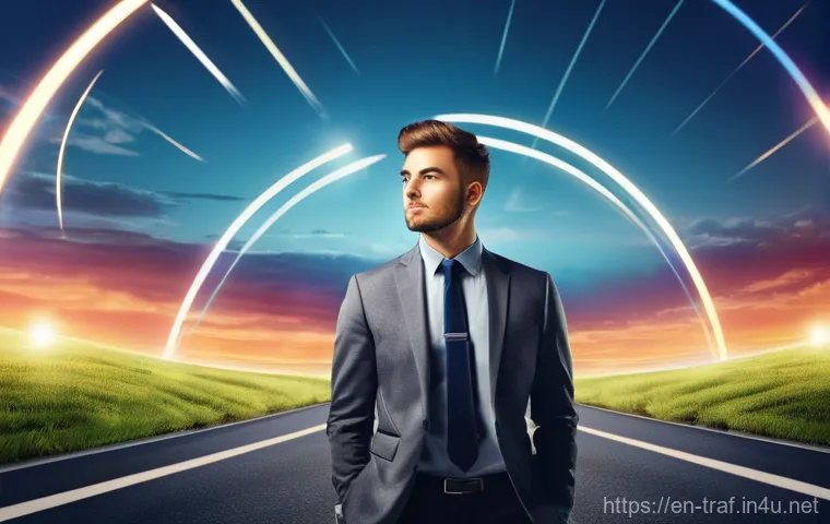 교통직 자격증 취득 성공 사례 - **Prompt:** A confident, diverse young professional, male or female, standing at a crossroads. One p...