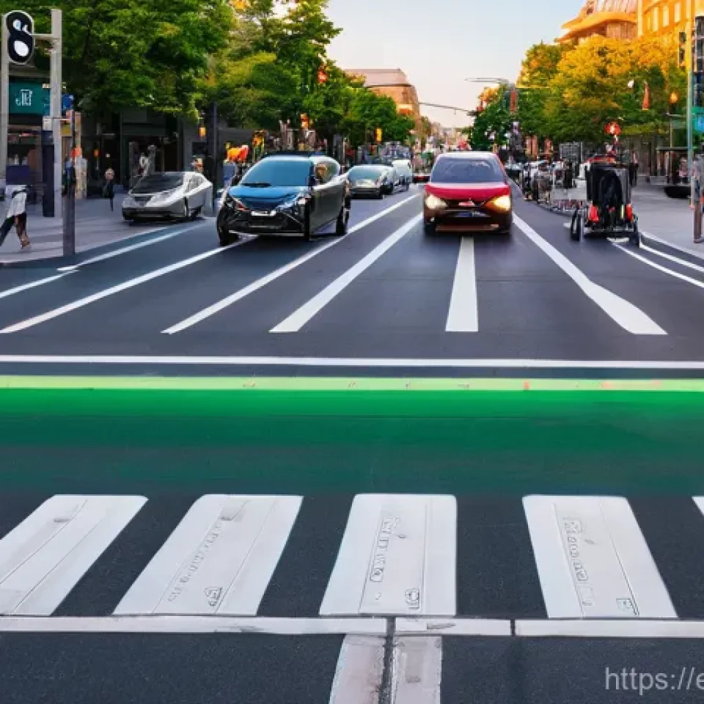 교통 공학 실무 사례 - **Prompt:** A bustling, modern urban intersection at sunset, showcasing an adaptive traffic signal s...