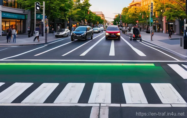 교통 공학 실무 사례 - **Prompt:** A bustling, modern urban intersection at sunset, showcasing an adaptive traffic signal s...