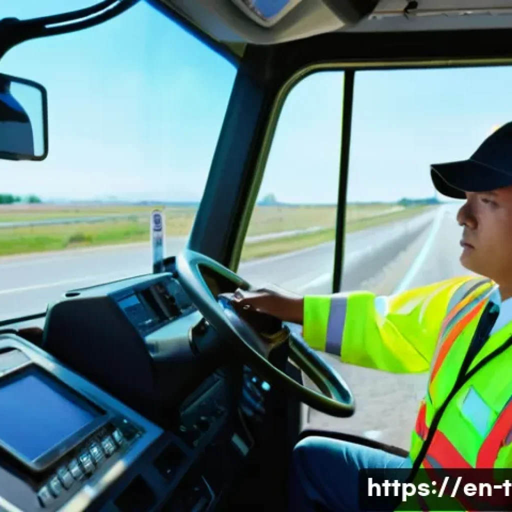교통업계 필수 자격증 - A professional commercial truck driver in a clean, well-maintained semi-truck cab, wearing a high-vi...