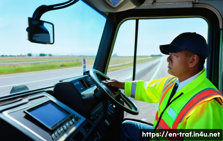교통업계 필수 자격증 - A professional commercial truck driver in a clean, well-maintained semi-truck cab, wearing a high-vi...