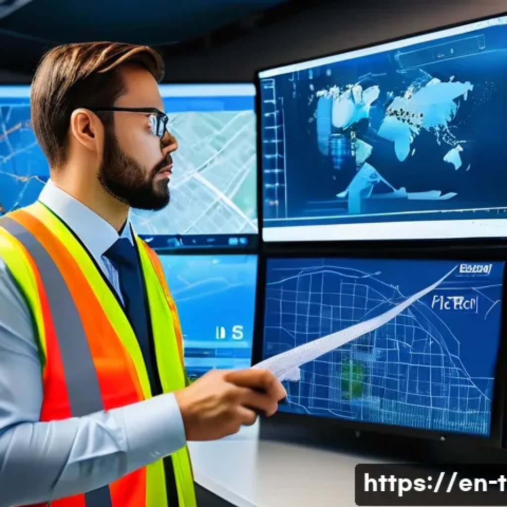 교통안전관리사 자격증 - A professional traffic safety specialist in a modern urban control center, analyzing multiple digita...