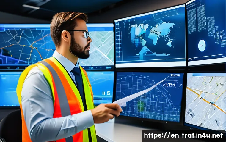 교통안전관리사 자격증 - A professional traffic safety specialist in a modern urban control center, analyzing multiple digita...