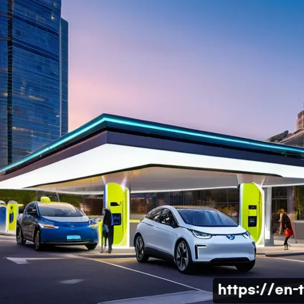 교통 관련 업종별 전망과 분석 - A bustling modern city street scene at dusk showcasing multiple electric vehicles charging at sleek,...