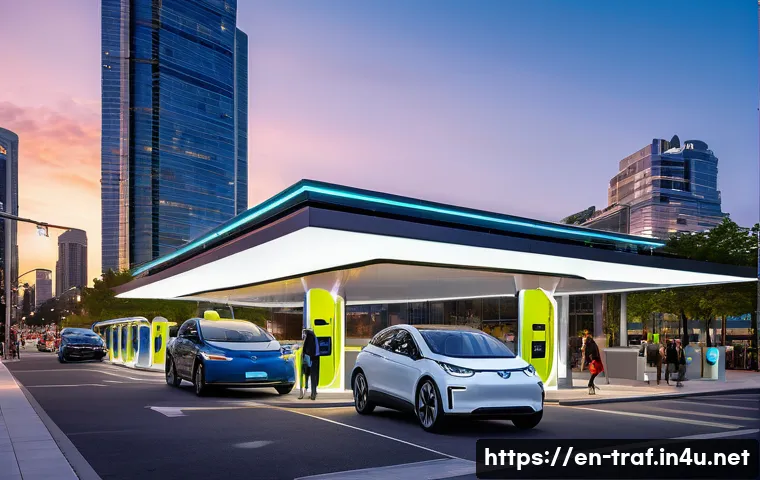 교통 관련 업종별 전망과 분석 - A bustling modern city street scene at dusk showcasing multiple electric vehicles charging at sleek,...