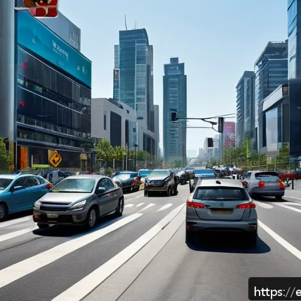 교통 실무 경험 일기 - A bustling urban intersection during morning rush hour, featuring adaptive traffic signals with digi...