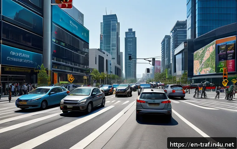 교통 실무 경험 일기 - A bustling urban intersection during morning rush hour, featuring adaptive traffic signals with digi...
