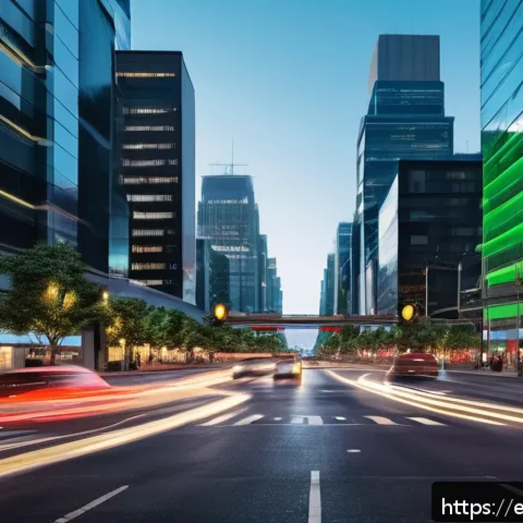 교통 관련 IT 기술 적용 - A bustling urban intersection at dusk featuring adaptive traffic signals with bright, dynamic green ...