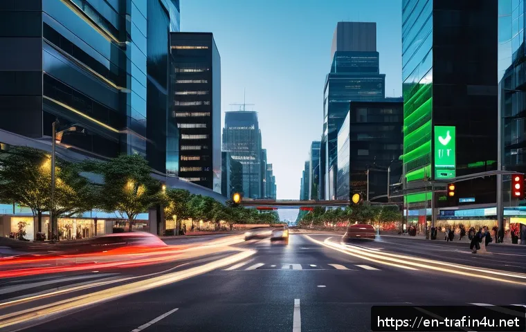 교통 관련 IT 기술 적용 - A bustling urban intersection at dusk featuring adaptive traffic signals with bright, dynamic green ...