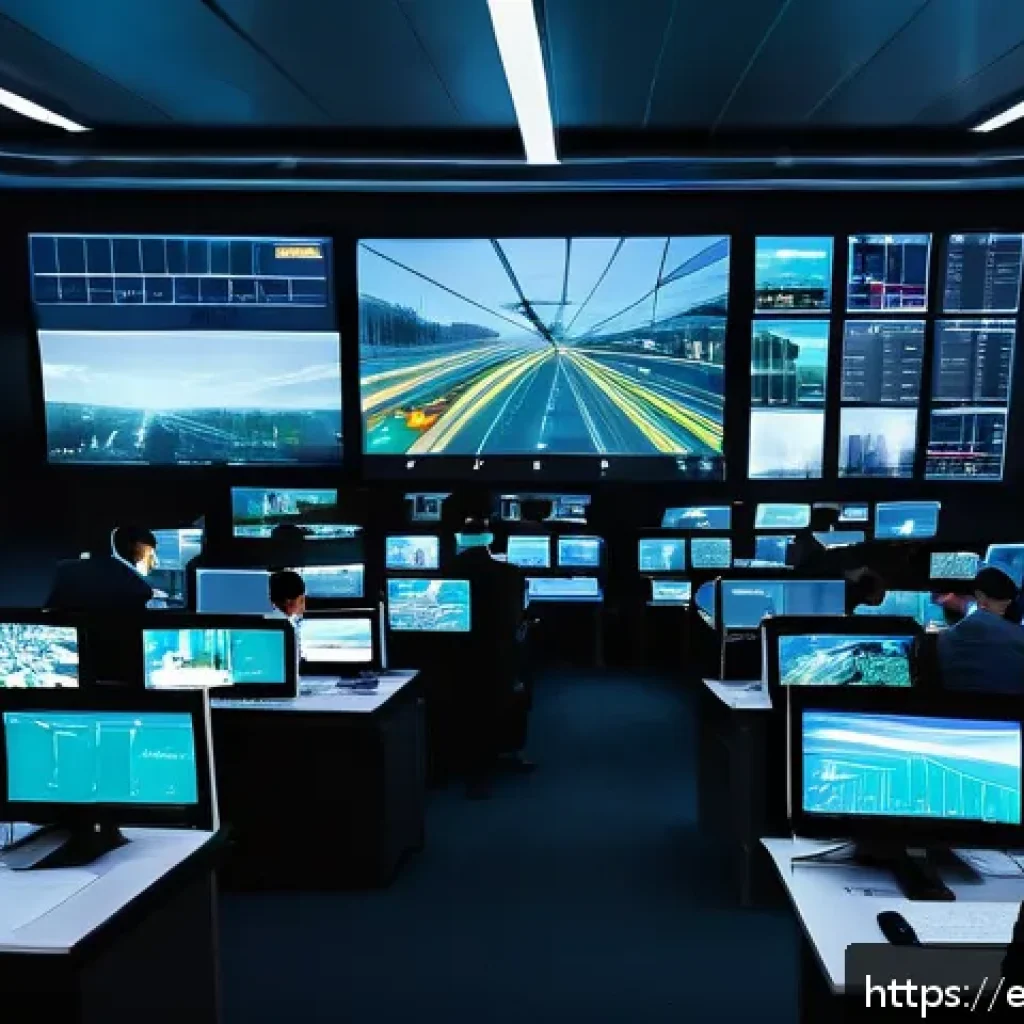 교통직 실무자의 일상 이야기 - A high-tech urban traffic operations center at night, featuring large digital screens displaying liv...