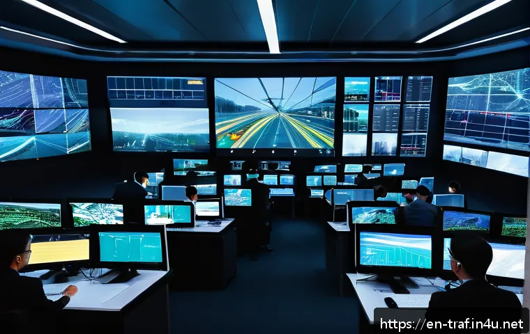 교통직 실무자의 일상 이야기 - A high-tech urban traffic operations center at night, featuring large digital screens displaying liv...