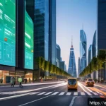 Home 22 교통관련 자격증과 공학적 요소의 연결 - A futuristic urban street intersection at dusk, featuring smart traffic lights with embedded sensors...