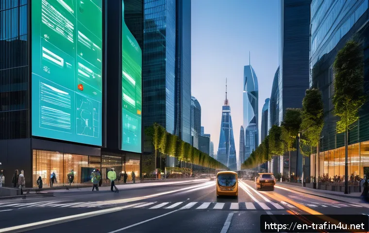 교통관련 자격증과 공학적 요소의 연결 - A futuristic urban street intersection at dusk, featuring smart traffic lights with embedded sensors...