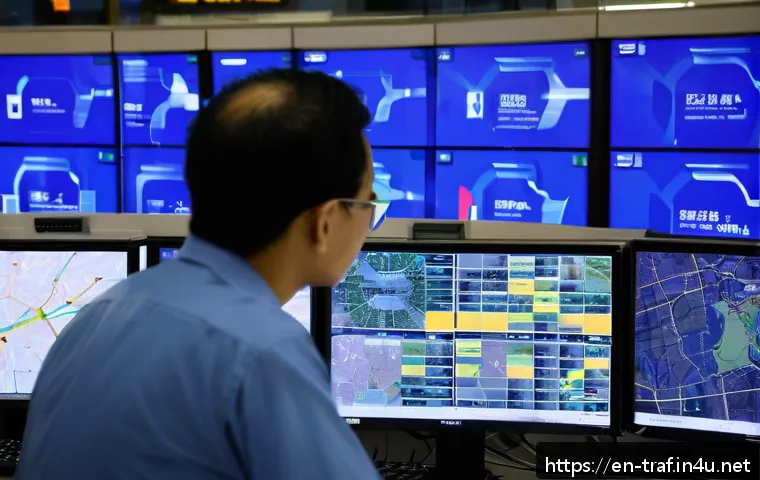 교통직 실습 경험 후기 - A bustling urban traffic control center interior during peak hours, featuring large digital screens ...