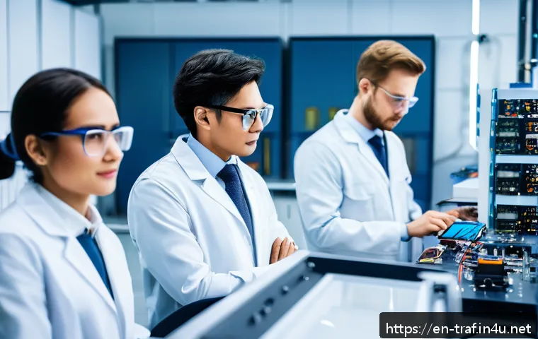 교통관련 직업 연봉 비교 - A modern electric vehicle battery engineering lab scene, showing a diverse group of engineers wearin...