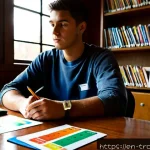 교통관리사 필기시험 단기 합격법 - Photorealistic early-morning study scene in a quiet American public library, a focused adult traffic...